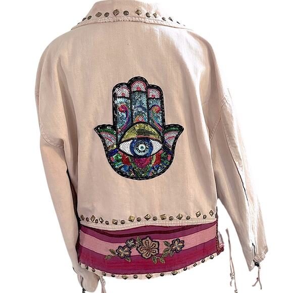 Women Reworked blush denim Custom Free People Motto jacket gold brass tone studs - Picture 2 of 16